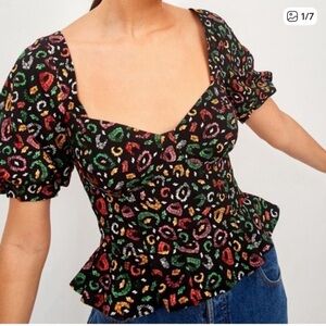 FARM Rio Black Multicolor Puff Sleeve Blouse